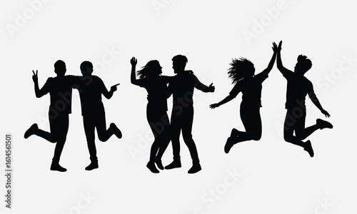 Energetic Silhouettes of Diverse People Celebrating Success and Friendship, Jumping and Dancing Together in Joyful Exuberance, Vector Illustration on white background