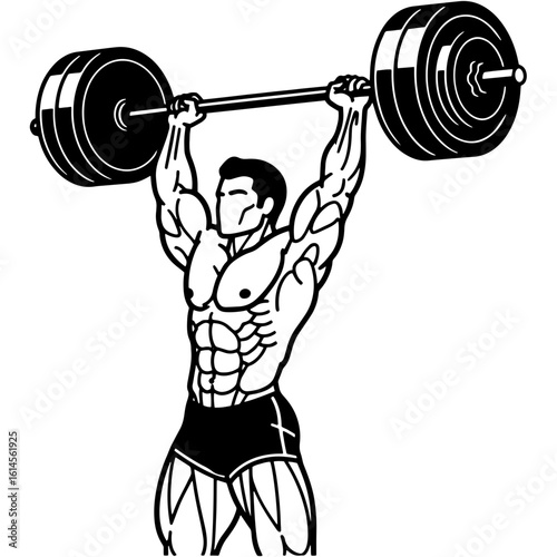 Powerful weightlifter lifting barbell overhead for strength and fitness training exercise