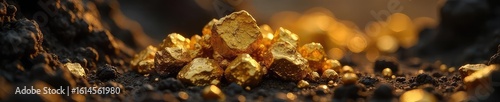 Close-up of glittering gold nuggets nestled amongst dark earth, reflecting sunlight A scene of raw, unrefined wealth and the allure of mining riches , metal, soil