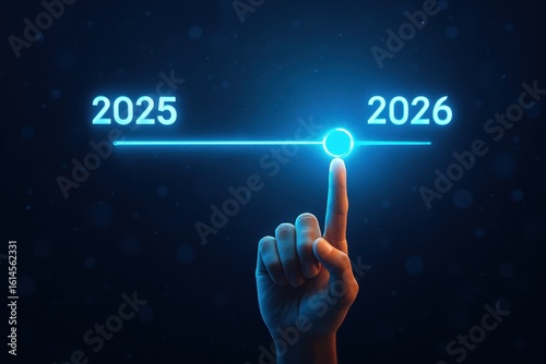 Vision of Tomorrow: A futuristic, clean, and eye-catching digital display highlights the progression of time. Emphasizing a pivotal choice point between the years 2025 and 2026.