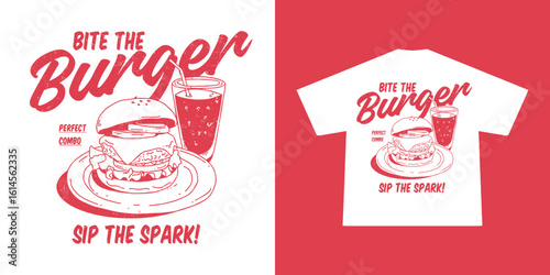 A retro-style illustration featuring a classic burger and soda combo, perfect for T-shirt printing and vintage-themed merchandise
