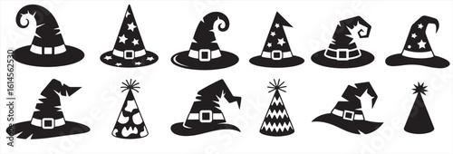 Collection of various black halloween witch hats and party hats in silhouette style on white background
