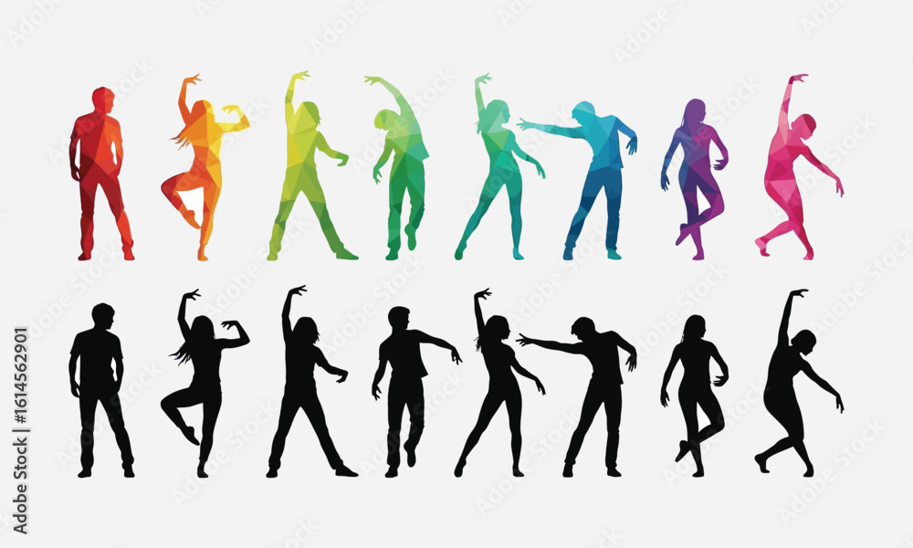 Fototapeta premium Colorful Geometric Silhouettes of Dancers in Various Poses, Expressing Movement and Energy, Perfect for Dance Studios and Fitness Centers on white background