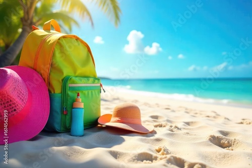 Happy school holidays! A vibrant image of colorful backpacks, summer hats, and beach toys scattered on a sandy beach, ready for fun-filled adventures , freedom, fun, relaxation