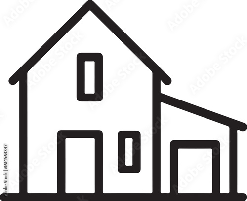 A vector illustration of a simple line drawing of a twostory house with an attached garage, isolated on white background