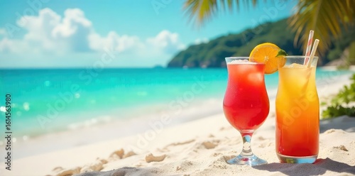 Relaxing beach scene with vibrant cocktails, perfect for summer vacations Sun-kissed sand, turquoise water, and refreshing drinks create a tranquil escape , summer, sky, sea