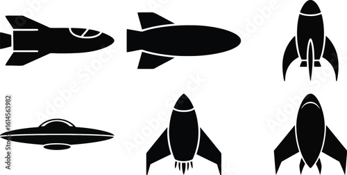 Rocket and spaceship silhouette vector collection featuring different space vehicle icons in a bold black and white style