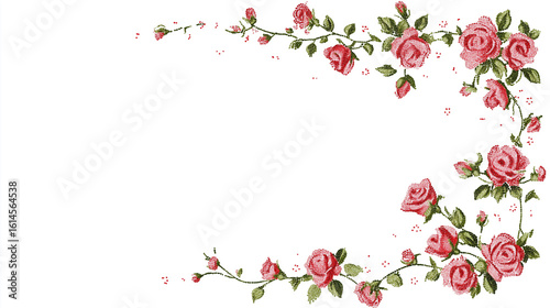 Vibrant red flowers form a beautiful floral frame and border against a spring leaf background, perfect for a nature-inspired design or decoration