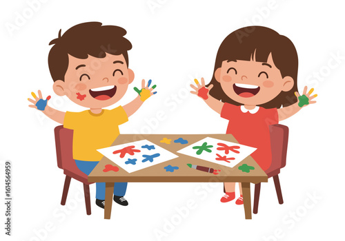 Creative Children Doing Finger Painting at Home - Vector Flat Style