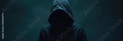 A lone figure is concealed beneath a dark hooded garment, their identity hidden in shadow The focus is on the mystery and concealment provided by the hood , weather protection, incognito, garment