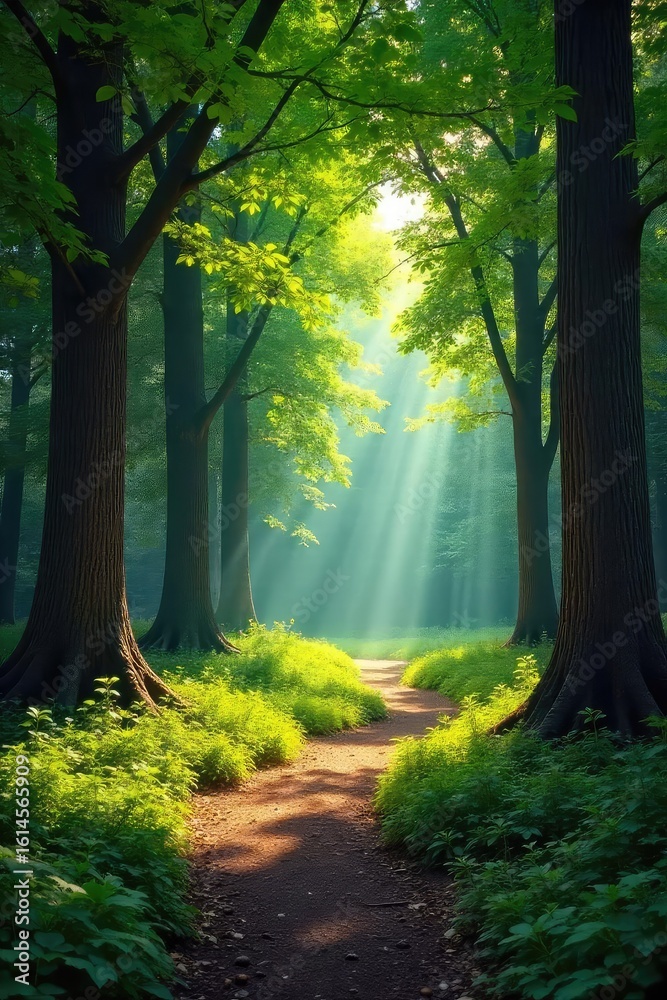 Obraz premium A serene, sun-dappled clearing in a forest, encircled by ancient trees forming a natural, protective ring Perfect for themes of peace, sanctuary, and spiritual connection , light, mystical, evergreen