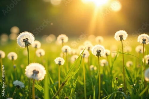 Vast field of fluffy dandelion clocks swaying gently in a summer breeze, bathed in golden sunlight Perfect for nature, springtime, or whimsical themes , blowing, texture