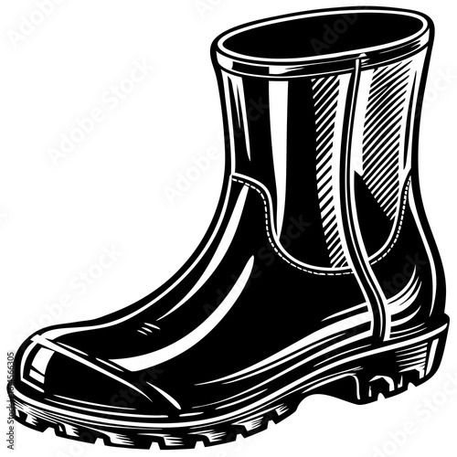 Vector art of a black rubber boot for gardening and protection against rain and mud in a vector style