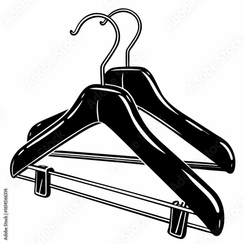 Vector art of two wooden hangers with metal clips are ready to hold clothes in a closet or retail setting