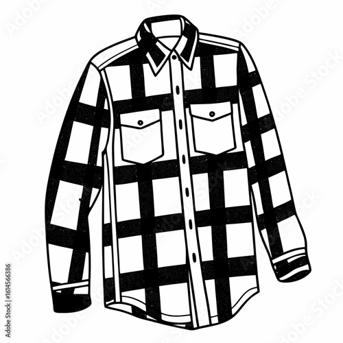 Vector art of a classic black and white plaid flannel shirt with long sleeves and front pockets design