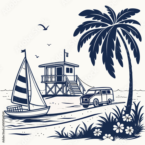 Vector art of a vintage illustration of a beach scene with a lifeguard station, sailboat, van, and palm tree