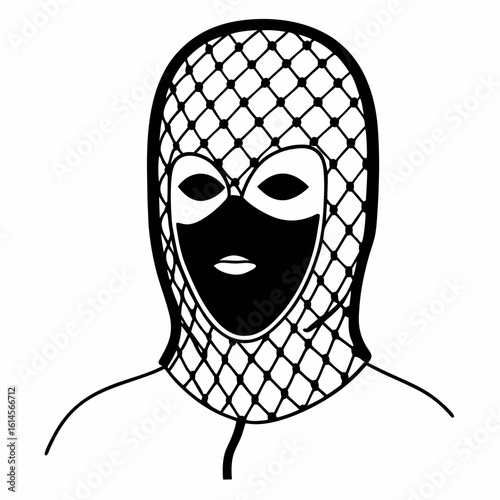 Vector art of a person wearing a black and white balaclava mask with a net pattern for anonymity and protection