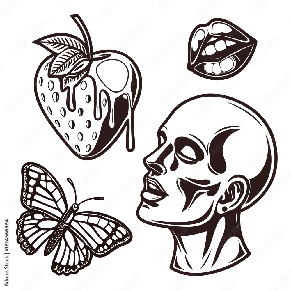 Naklejka premium Vector art of a vintage tattoo design featuring a strawberry, womans skull, butterfly, and lips in black and white