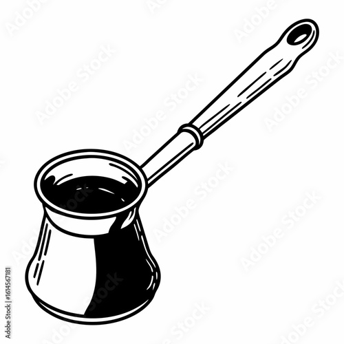 Vector art of an ornate cezve, a traditional turkish coffee pot, stands ready to brew a rich and aromatic beverage