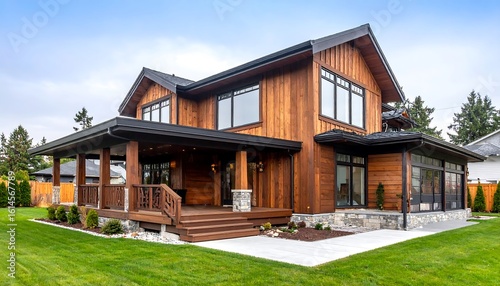 Modern wooden house exterior, sunny day
