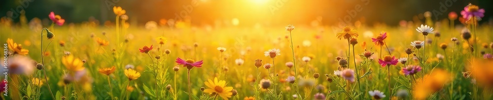 Obraz premium Golden hour sunlight bathes a vibrant summer field, wildflowers in bloom, swaying gently in the breeze A tranquil scene of rural beauty, perfect for summer themes , horizon, purple