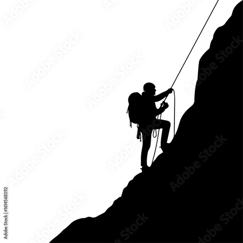 Silhouette of a climber ascending a steep mountain using a rope.