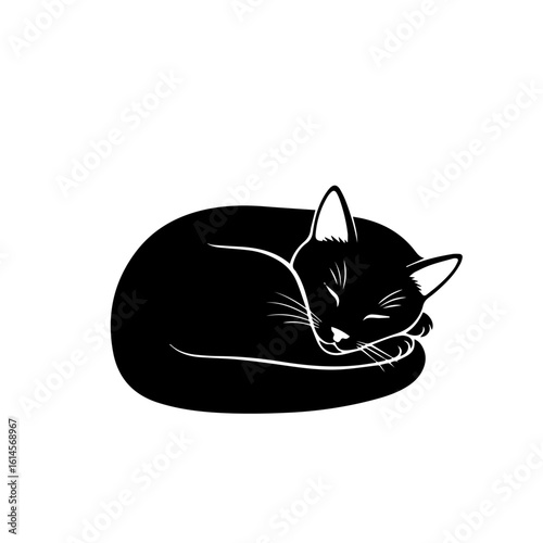 Silhouette of a sleeping black cat curled in a ball.