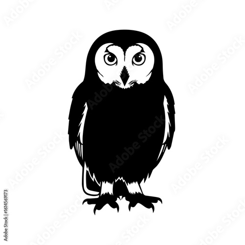 Black and white graphic illustration of a standing owl.