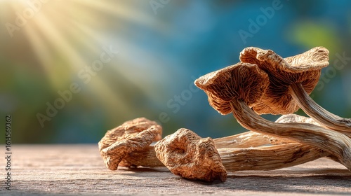 Fresh psilocybin mushrooms arranged on wooden surface, showcasing natural textures and organic shapes. Psychedelic and medicinal fungi concept for alternative therapy and wellness.
