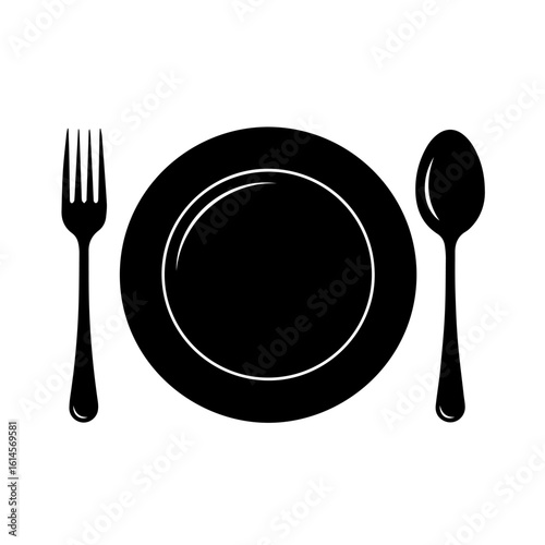 Simple black and white illustration of a plate, fork, and spoon, suggesting a meal or dining.