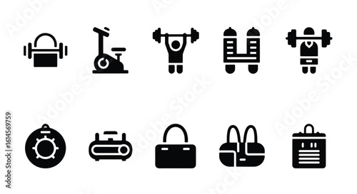 Fitness & Gym Icon Set � Black editable line icons featuring dumbbells, barbells, kettlebells, workout equipment, yoga poses, and more.