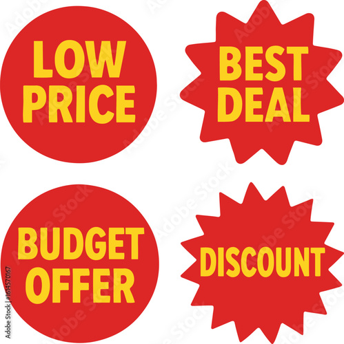 Red Sale Stickers Vector Set – Low Price, Discount, Budget Offer, Best Deal Icons