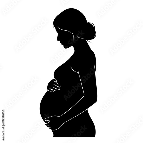 Silhouette of a pregnant woman, hands on belly, profile view.