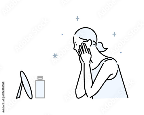 Illustration material of a woman looking in the mirror -look to the side - woman with beautiful skin鏡を見る女性ー横向きー綺麗な肌の女性のイラスト素材