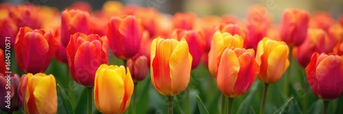 Vibrant tulips bursting forth in a profusion of color, signifying the renewal and energy of springtime A breathtaking display of nature's artistry , bloom, blossom, garden