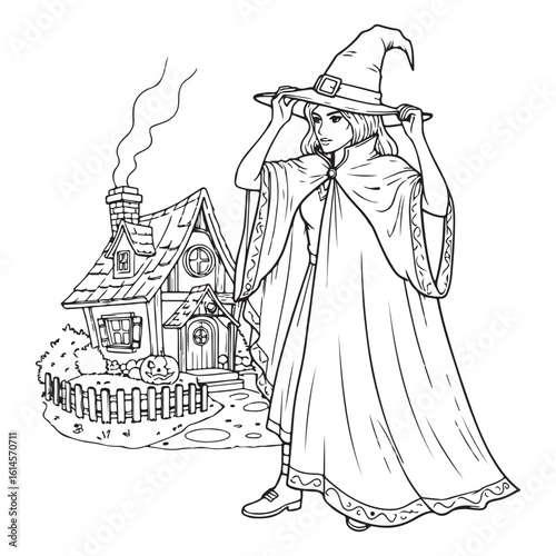 Witch adjusting hat near house coloring page illustration