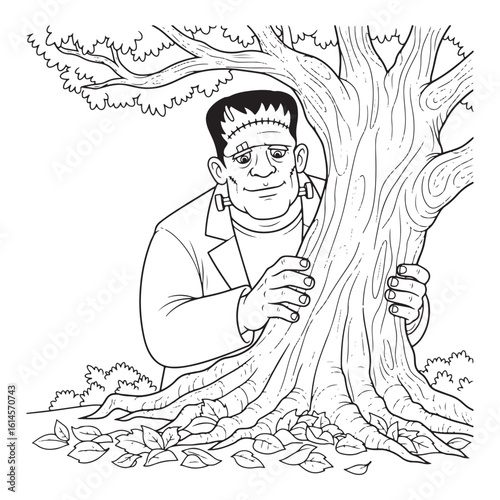 Frankenstein monster hiding behind a large tree outline art