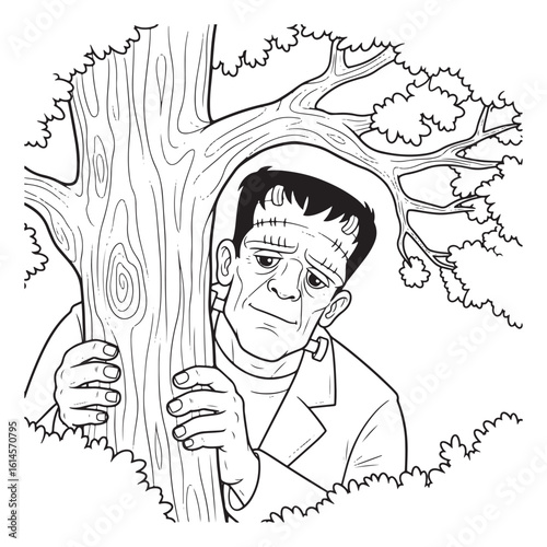 Frankenstein monster hiding behind a tree line art drawing