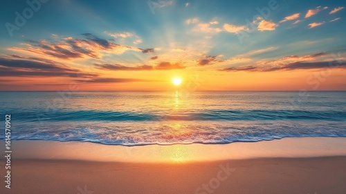 Tranquil ocean view with calm waves under golden sunset, minimalist seascape with copy space, conveying peace, relaxation and freedom of coastal life.
