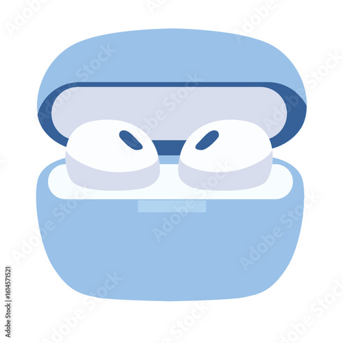 Flat 2D illustration of wireless earbuds in a blue charging case. Perfect for tech, audio gear, or portable music accessories.