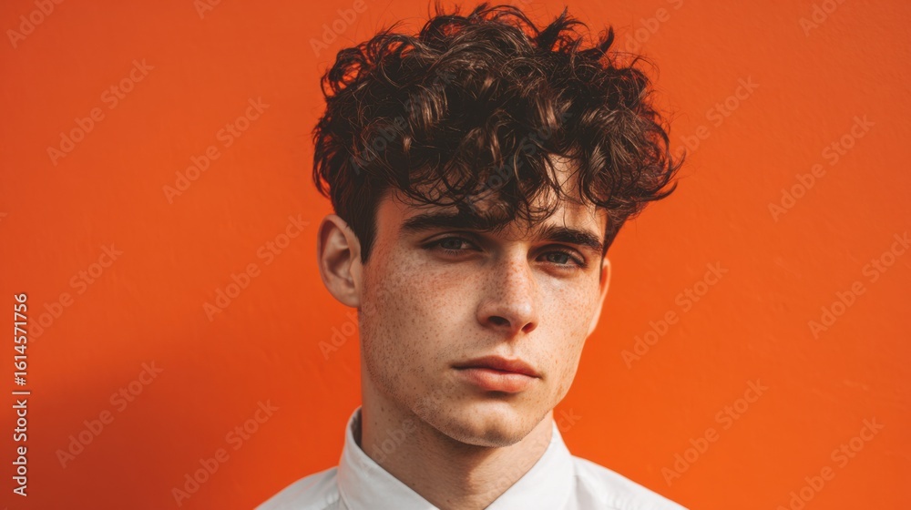 Obraz premium A young man with curly hair stands confidently, dressed in a white shirt, with a striking orange backdrop. His serious expression adds depth to the vibrant atmosphere of the scene.