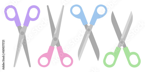Pastel flat vector set of scissors in purple, pink, blue, and green. Includes long and standard sizes with rounded and oval handles. Great for creative, decorative, or DIY use.