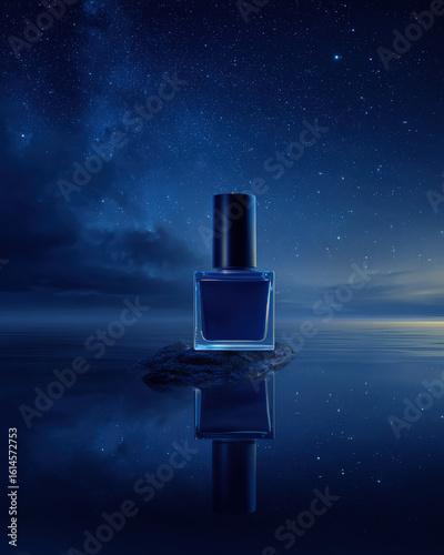 Luxurious blue nail polish bottle stands elegantly on serene rock, reflecting starry night sky and calm waters, evoking sense of tranquility and beauty