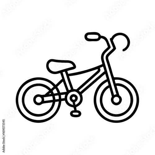 Vector art of a simple black and white line drawing of a bicycle with two wheels pedals handlebars and a seat isolated on a white background