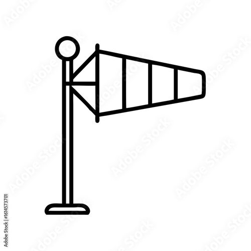 Vector art of a simple black and white line drawing of a windsock on a pole indicating wind direction and speed