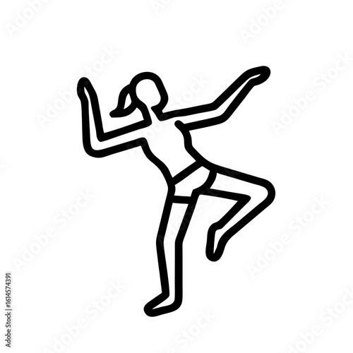Vector art of a stylized black and white outline of a woman in a dynamic dance pose captured midmovement with flowing limbs and energetic posture