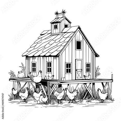 Chicken coop and hens walking around in farm scenery ink drawing