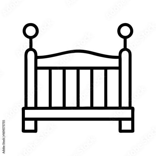 Vector art of a simple black and white line drawing of a baby crib with a curved headboard and round finials on posts