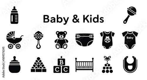 Vector Silhouette Icon Set -  baby and kids icons including a bottle, stroller, rattle, teddy bear, diaper, clothing, crib, and bib editable line icon set