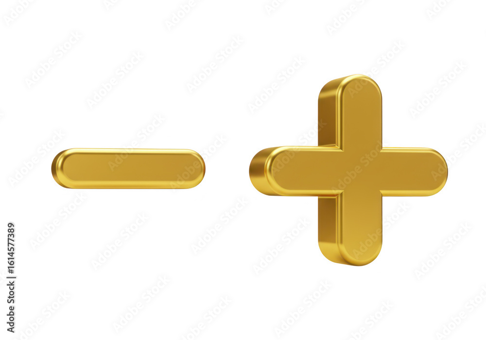 Obraz premium Golden plus and minus signs isolated on a transparent background